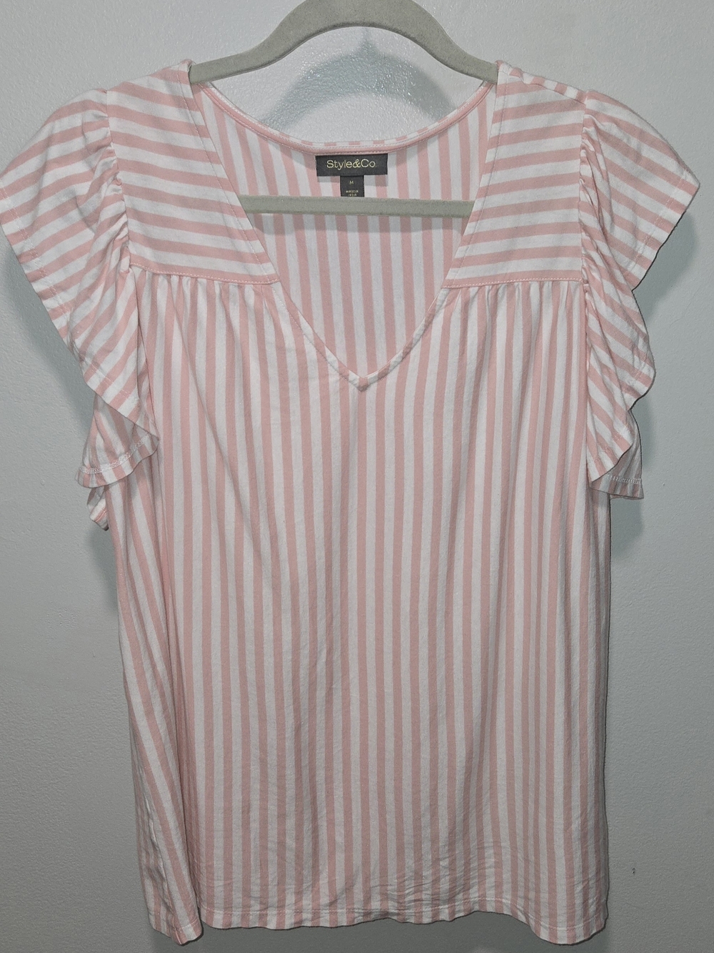 Style & Co. Light Pink & White Striped V-Neck Flutter Sleeve Blouse